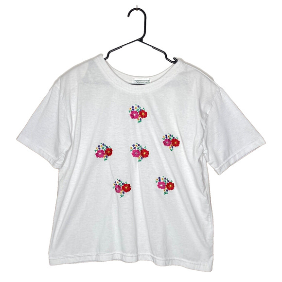 Y2K Shenanigans Womens T Shirt L White Floral Embroidery Cottage Dainty Boho - Picture 1 of 7